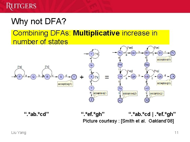 Why not DFA? Combining DFAs: Multiplicative increase in number of states “. *ab. *cd” Why not DFA? Combining DFAs: Multiplicative increase in number of states “. *ab. *cd”