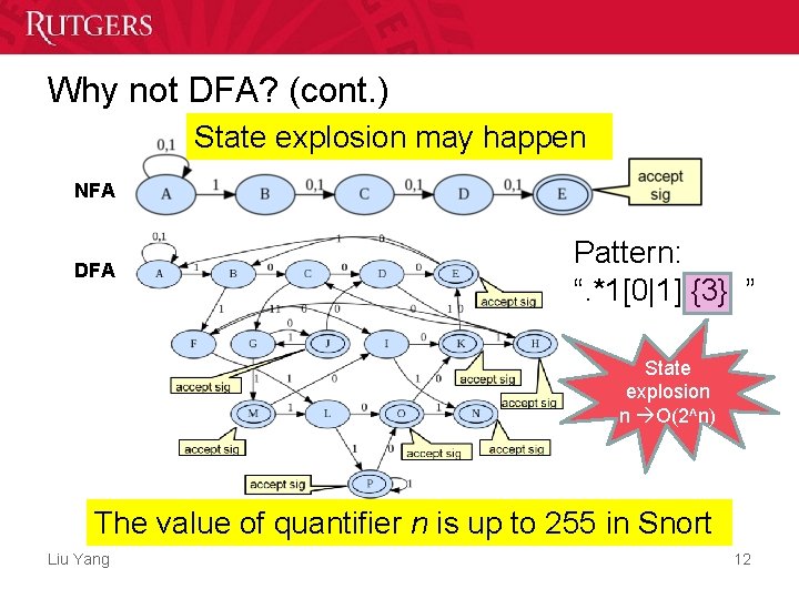 Why not DFA? (cont. ) State explosion may happen NFA DFA Pattern: “. *1[0|1]