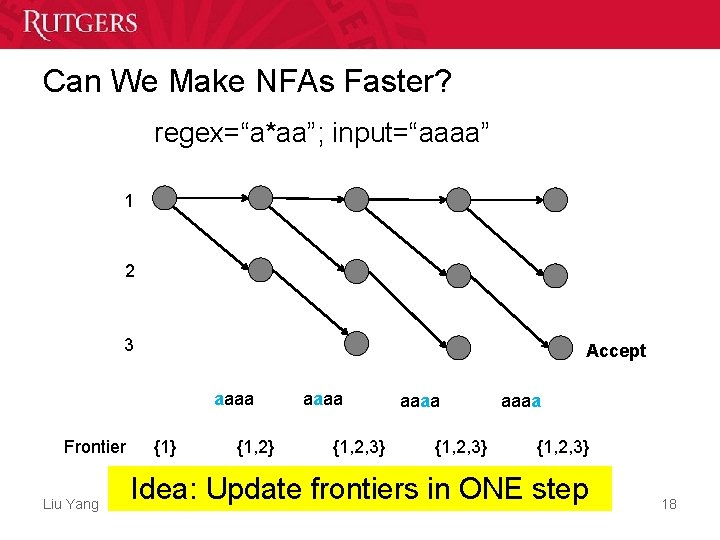 Can We Make NFAs Faster? regex=“a*aa”; input=“aaaa” 1 2 3 Accept aaaa Frontier Liu Can We Make NFAs Faster? regex=“a*aa”; input=“aaaa” 1 2 3 Accept aaaa Frontier Liu