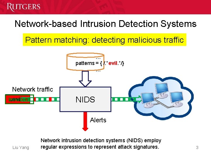 Network-based Intrusion Detection Systems Pattern matching: detecting malicious traffic … patterns = { /. Network-based Intrusion Detection Systems Pattern matching: detecting malicious traffic … patterns = { /.