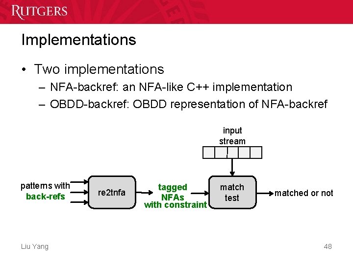 Implementations • Two implementations – NFA-backref: an NFA-like C++ implementation – OBDD-backref: OBDD representation Implementations • Two implementations – NFA-backref: an NFA-like C++ implementation – OBDD-backref: OBDD representation