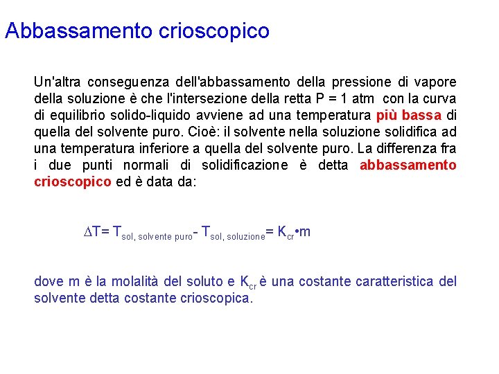 Abbassamento crioscopico Un'altra conseguenza dell'abbassamento della pressione di vapore della soluzione è che l'intersezione