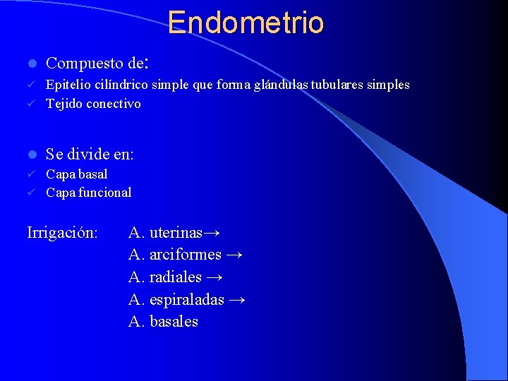 Endometrio l Compuesto de: Epitelio cilíndrico simple que forma glándulas tubulares simples ü Tejido