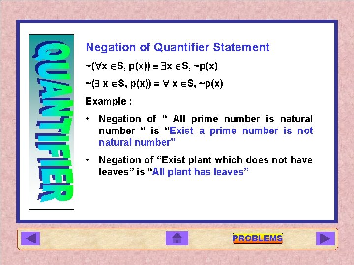 Negation of Quantifier Statement ~( x S, p(x)) x S, ~p(x) ~( x S,