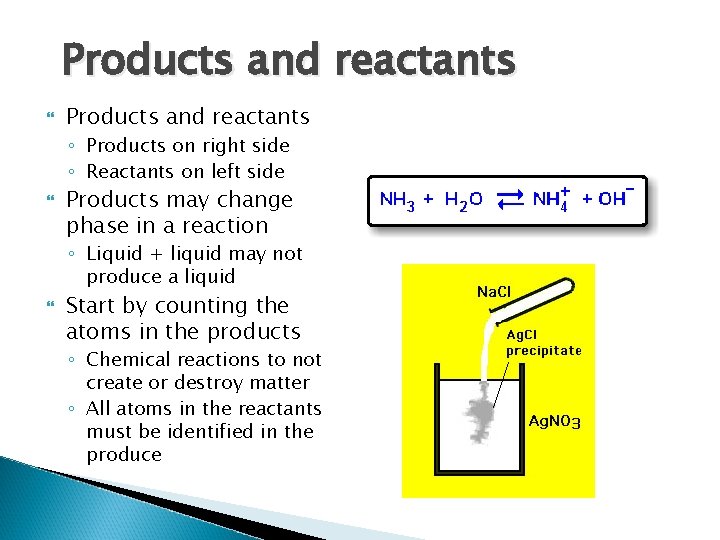 Products and reactants ◦ Products on right side ◦ Reactants on left side Products