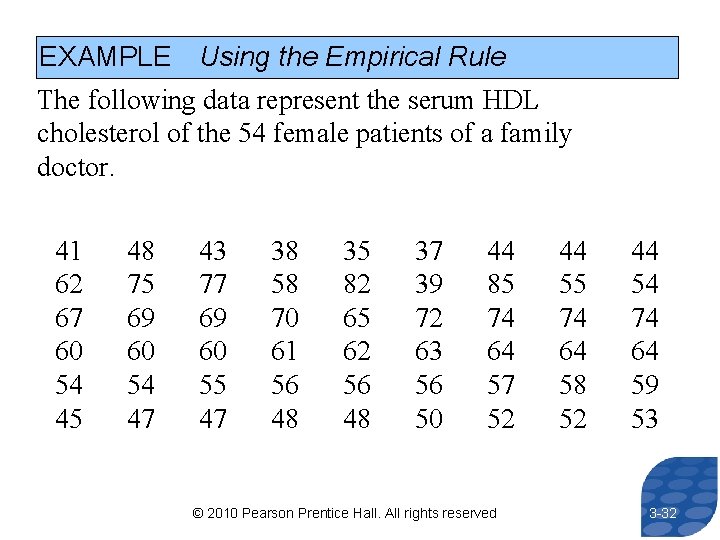 EXAMPLE Using the Empirical Rule The following data represent the serum HDL cholesterol of