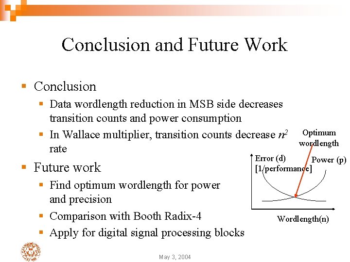 Conclusion and Future Work § Conclusion § Data wordlength reduction in MSB side decreases