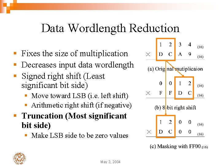 Data Wordlength Reduction § Fixes the size of multiplication § Decreases input data wordlength