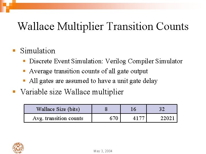 Wallace Multiplier Transition Counts § Simulation § Discrete Event Simulation: Verilog Compiler Simulator §