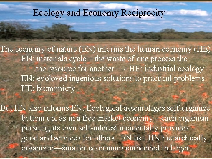 Ecology and Economy Reciprocity The economy of nature (EN) informs the human economy (HE)