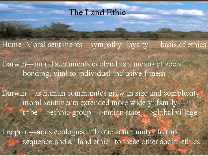 The Land Ethic Hume: Moral sentiments—sympathy, loyalty, —basis of ethics Darwin—moral sentiments evolved as