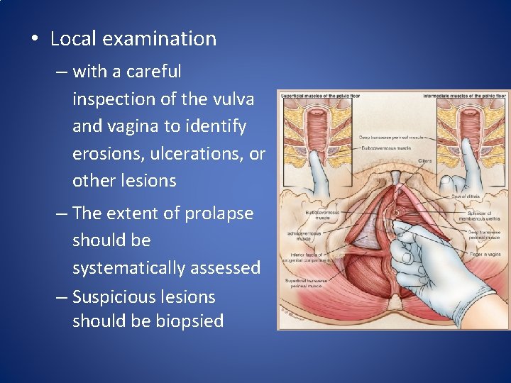 • Local examination – with a careful inspection of the vulva and vagina • Local examination – with a careful inspection of the vulva and vagina