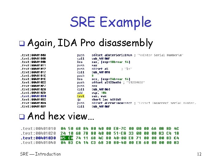 SRE Example q Again, q And IDA Pro disassembly hex view… SRE Introduction 12