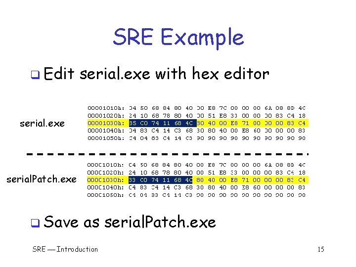 SRE Example q Edit serial. exe with hex editor serial. exe serial. Patch. exe