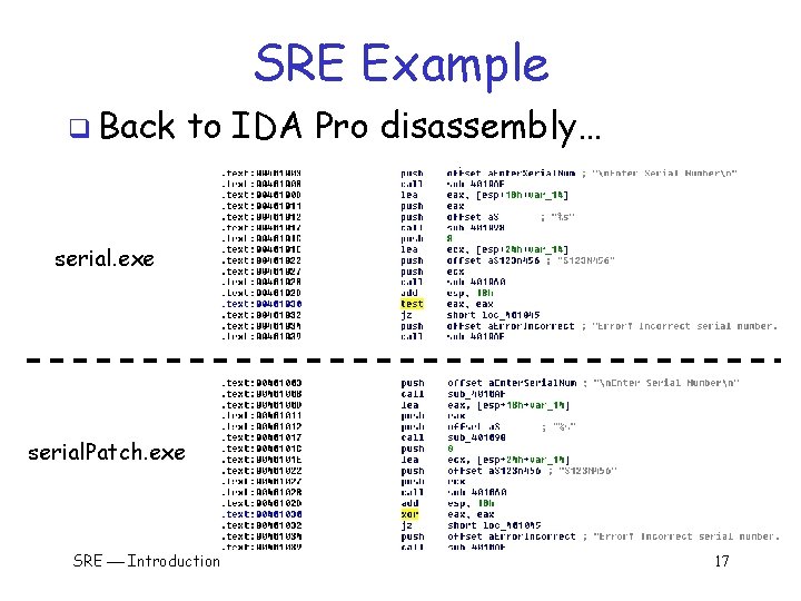 SRE Example q Back to IDA Pro disassembly… serial. exe serial. Patch. exe SRE