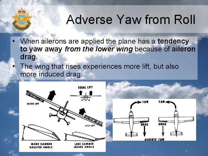 Adverse Yaw from Roll • When ailerons are applied the plane has a tendency