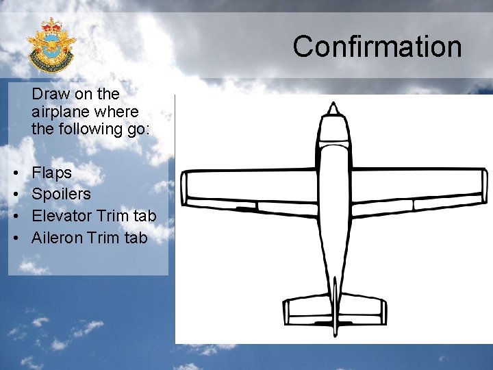 Confirmation Draw on the airplane where the following go: • • Flaps Spoilers Elevator