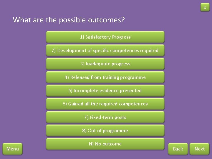 x What are the possible outcomes? 1) Satisfactory Progress 2) Development of specific competences