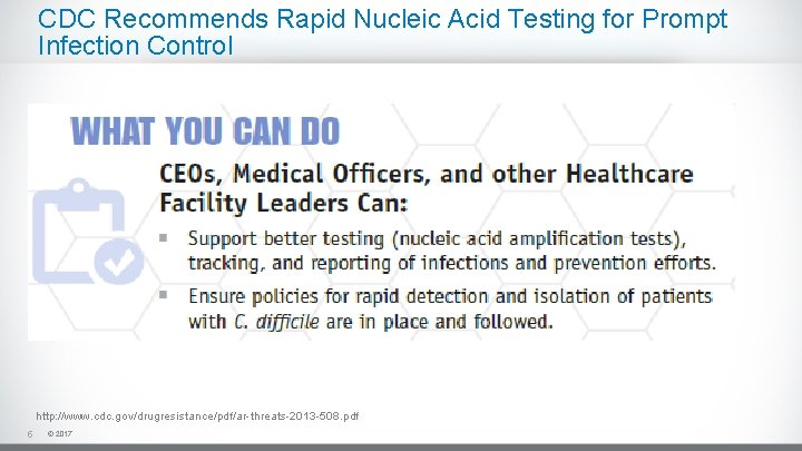CDC Recommends Rapid Nucleic Acid Testing for Prompt Infection Control http: //www. cdc. gov/drugresistance/pdf/ar-threats-2013