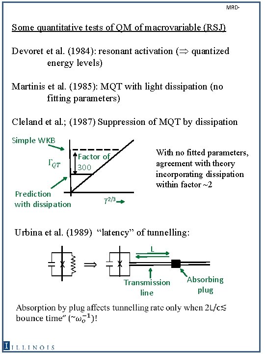 MRD- Some quantitative tests of QM of macrovariable (RSJ) Devoret et al. (1984): resonant