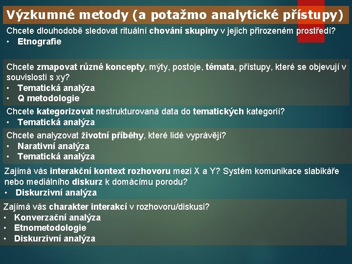 Výzkumné metody (a potažmo analytické přístupy) Chcete dlouhodobě sledovat rituální chování skupiny v jejich