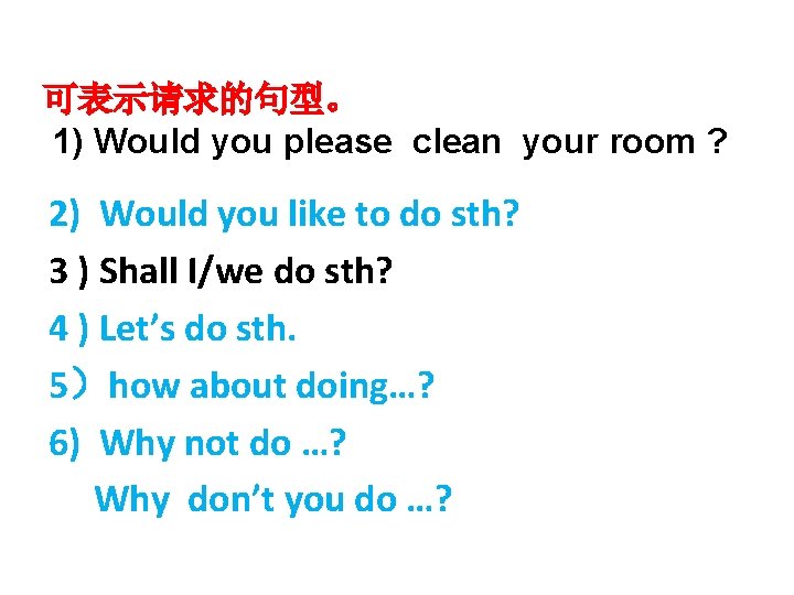 可表示请求的句型。 1) Would you please clean your room ? 2) Would you like to