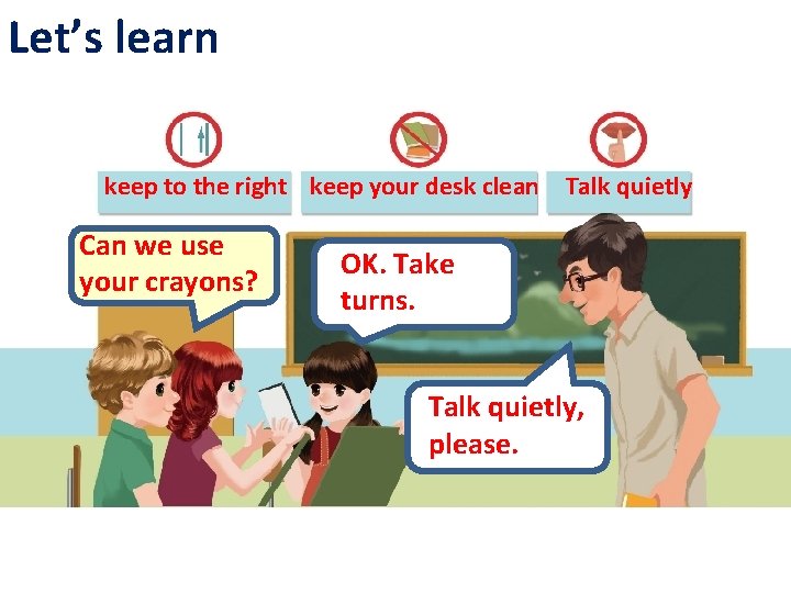 Let’s learn keep to the right keep your desk clean Talk quietly Can we