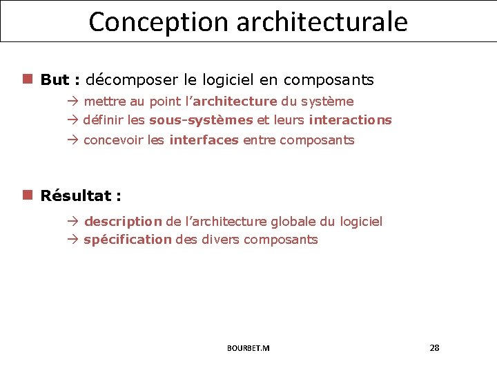 Conception architecturale n But : décomposer le logiciel en composants mettre au point l’architecture