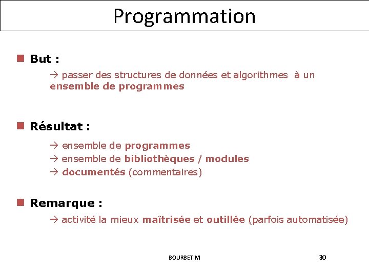 Programmation n But : passer des structures de données et algorithmes à un ensemble