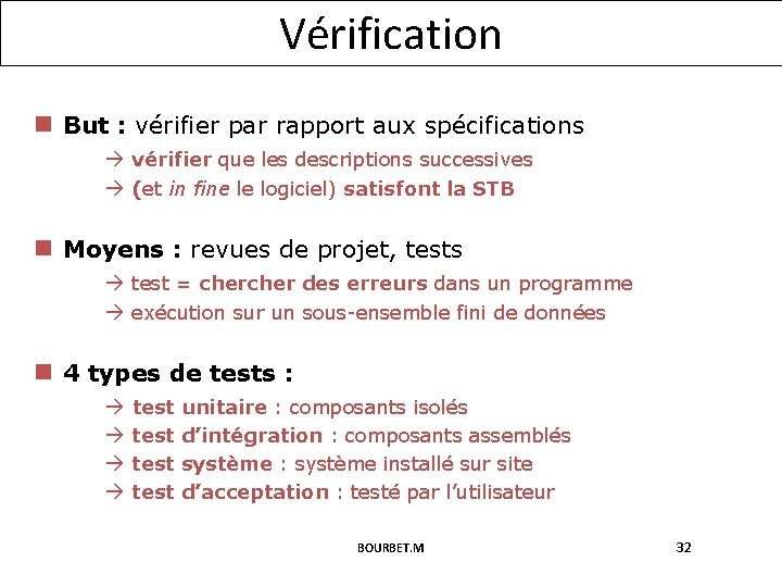 Vérification n But : vérifier par rapport aux spécifications vérifier que les descriptions successives