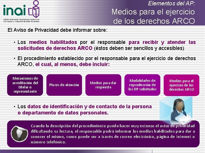 Elementos del AP: Medios para el ejercicio de los derechos ARCO El Aviso de