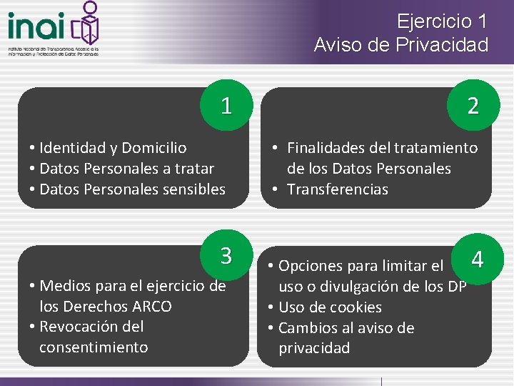 Ejercicio 1 Aviso de Privacidad 1 • Identidad y Domicilio • Datos Personales a