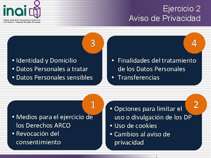 Ejercicio 2 Aviso de Privacidad 3 • Identidad y Domicilio • Datos Personales a