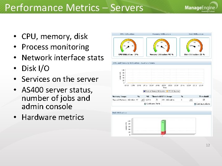 Performance Metrics – Servers CPU, memory, disk Process monitoring Network interface stats Disk I/O