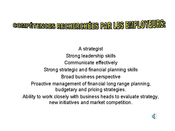 A strategist Strong leadership skills Communicate effectively Strong strategic and financial planning skills Broad