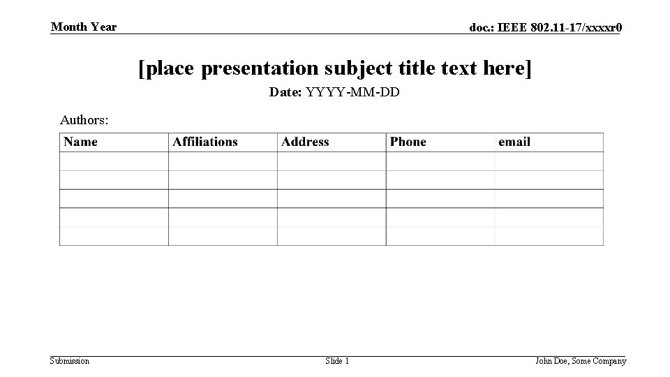 Month Year doc. : IEEE 802. 11 -17/xxxxr 0 [place presentation subject title text