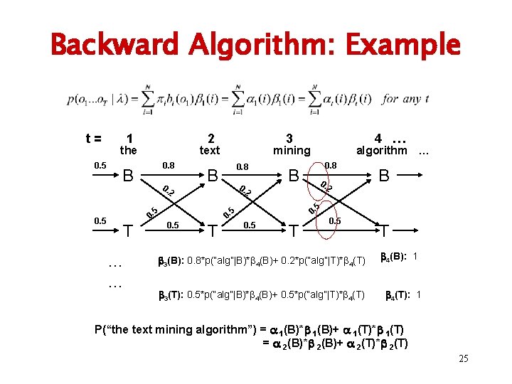Backward Algorithm: Example t= 0. 5 1 2 the text 0. 8 B 0. Backward Algorithm: Example t= 0. 5 1 2 the text 0. 8 B 0.