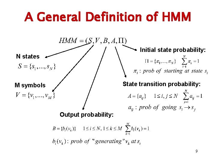 A General Definition of HMM Initial state probability: N states State transition probability: M A General Definition of HMM Initial state probability: N states State transition probability: M