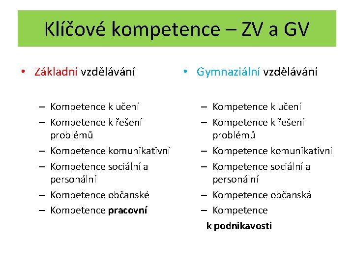 Klíčové kompetence – ZV a GV • Základní vzdělávání – Kompetence k učení –