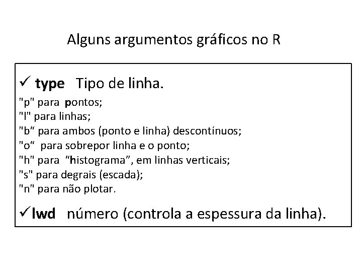 Alguns argumentos gráficos no R ü type Tipo de linha. "p" para pontos; "l"