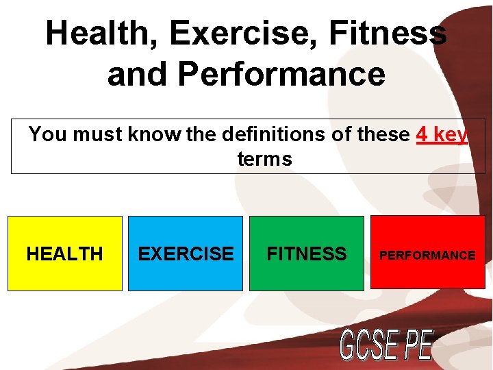 Health, Exercise, Fitness and Performance You must know the definitions of these 4 key