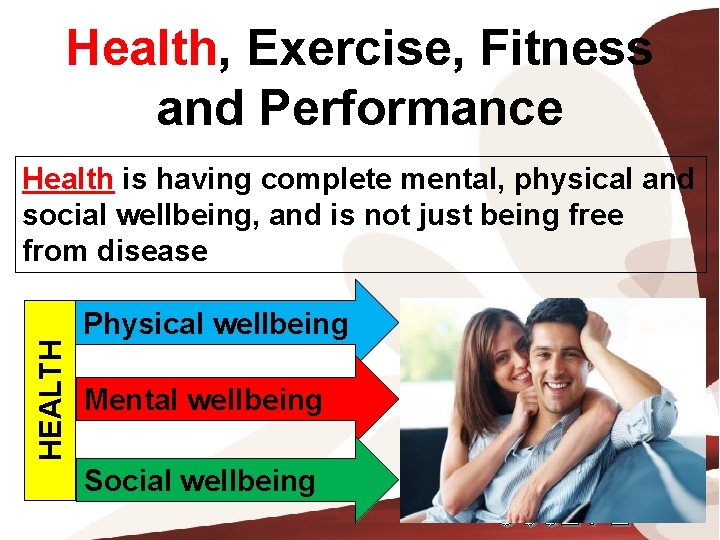 Health, Exercise, Fitness and Performance HEALTH Health is having complete mental, physical and social