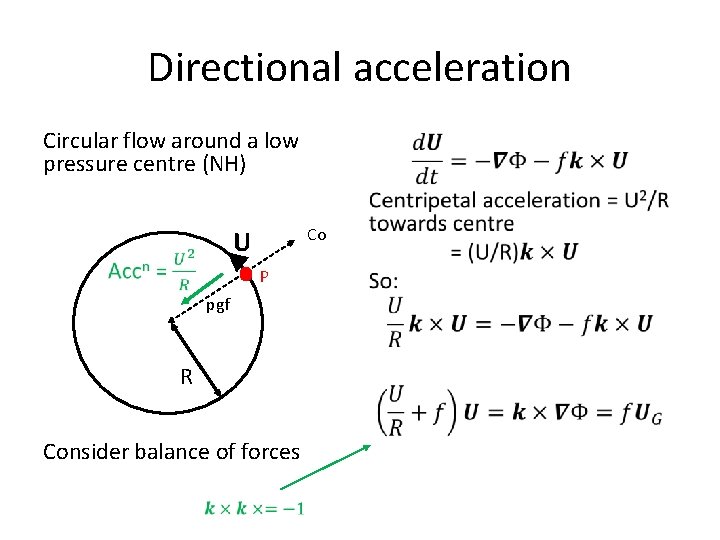 Directional acceleration Circular flow around a low pressure centre (NH) • Co U P