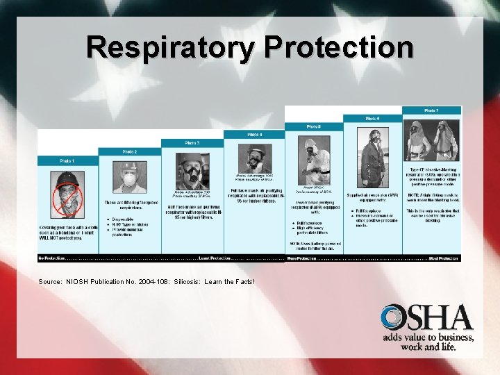 Respiratory Protection Source: NIOSH Publication No. 2004 -108: Silicosis: Learn the Facts! 