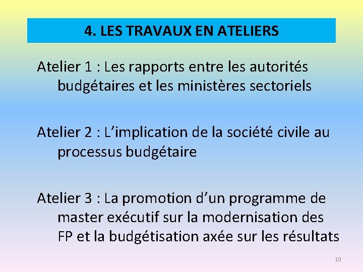 4. LES TRAVAUX EN ATELIERS Atelier 1 : Les rapports entre les autorités budgétaires