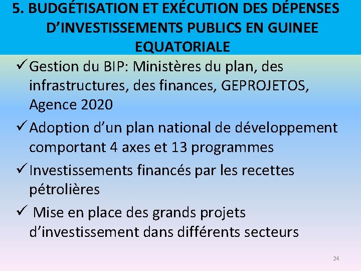 5. BUDGÉTISATION ET EXÉCUTION DES DÉPENSES D’INVESTISSEMENTS PUBLICS EN GUINEE EQUATORIALE ü Gestion du