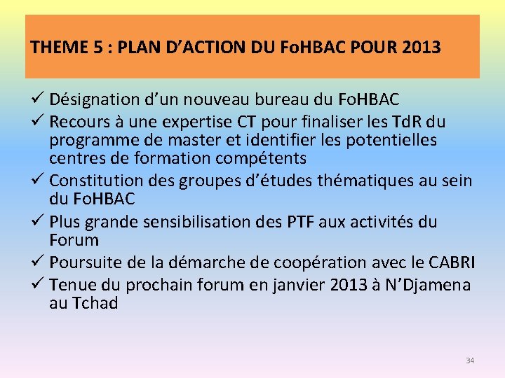 THEME 5 : PLAN D’ACTION DU Fo. HBAC POUR 2013 ü Désignation d’un nouveau