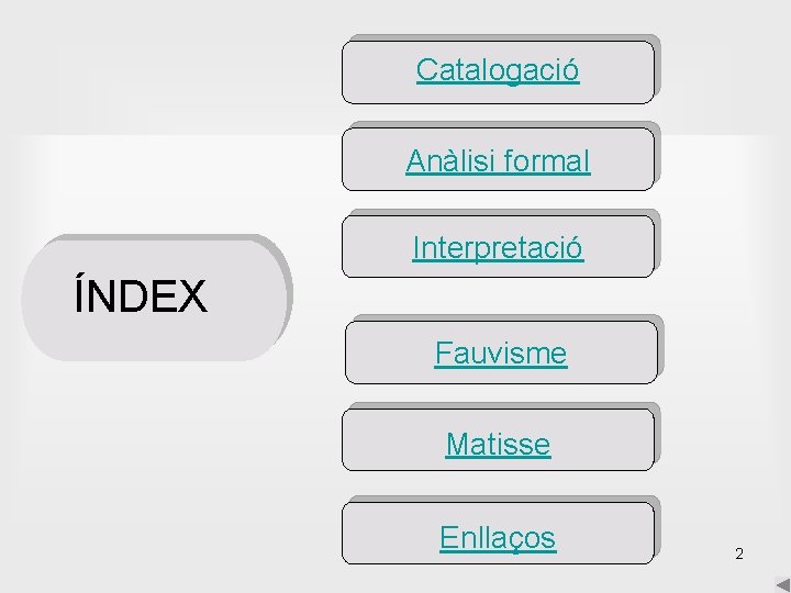 Índex Catalogació Anàlisi formal Interpretació ÍNDEX Fauvisme Matisse Enllaços 2 
