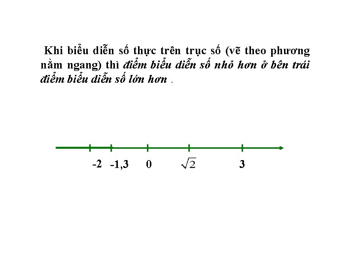 Khi biểu diễn số thực trên trục số (vẽ theo phương nằm ngang) thì