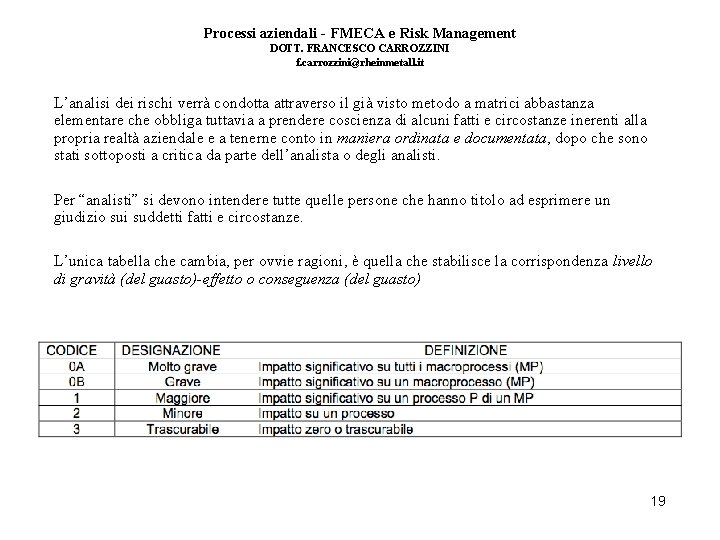 Processi aziendali - FMECA e Risk Management DOTT. FRANCESCO CARROZZINI f. carrozzini@rheinmetall. it L’analisi
